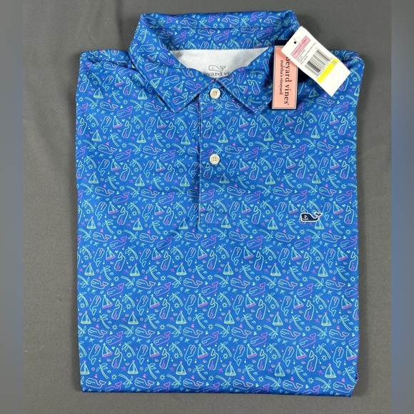 Vineyard Vines Golf Shirt Polo Good Vibes Print Medium Blue Polyester Spandex - Picture 1 of 6